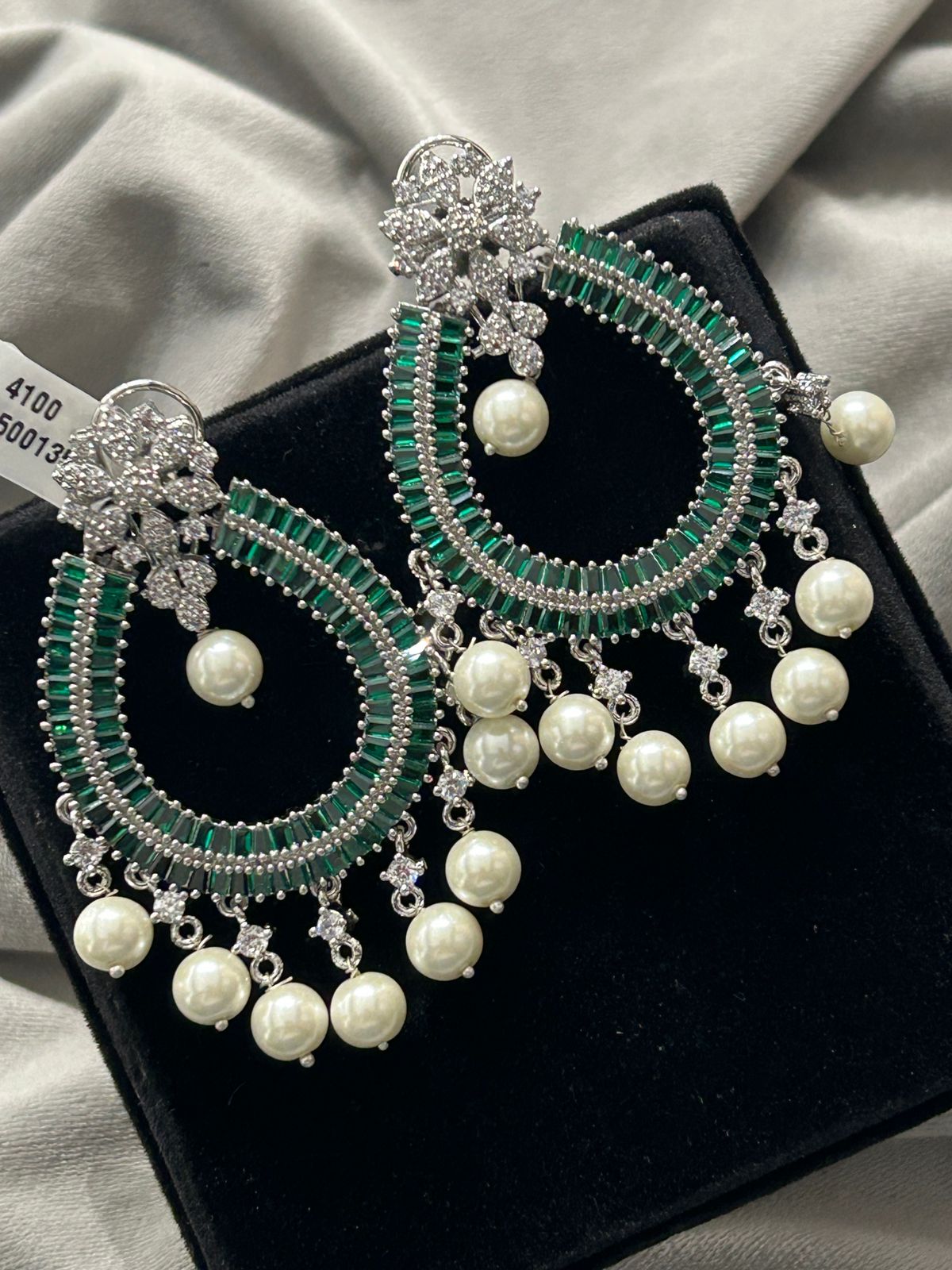 Emerald Green AD Pearl Drop Earrings | Premium Party Wear Chandbali Earrings