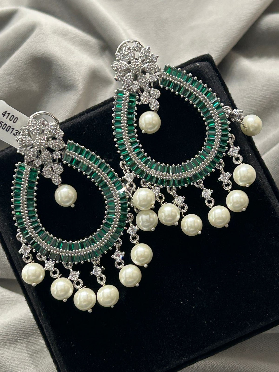 Emerald Green AD Pearl Drop Earrings | Premium Party Wear Chandbali Earrings