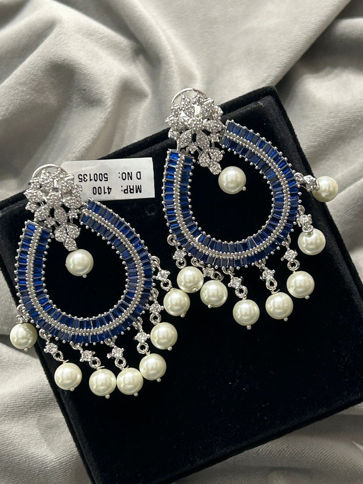 Royal Blue AD Pearl Drop Earrings | Premium Chandbali Design