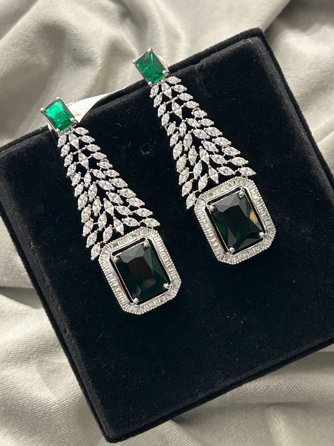 Emerald Green Statement Long Earrings | Premium AD Luxury Design