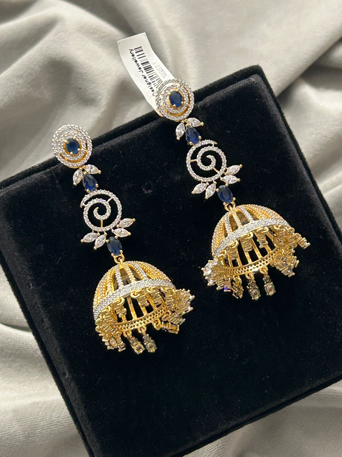 Navy Blue Stone Designer Jhumki Earrings | Elegant Partywear Earrings