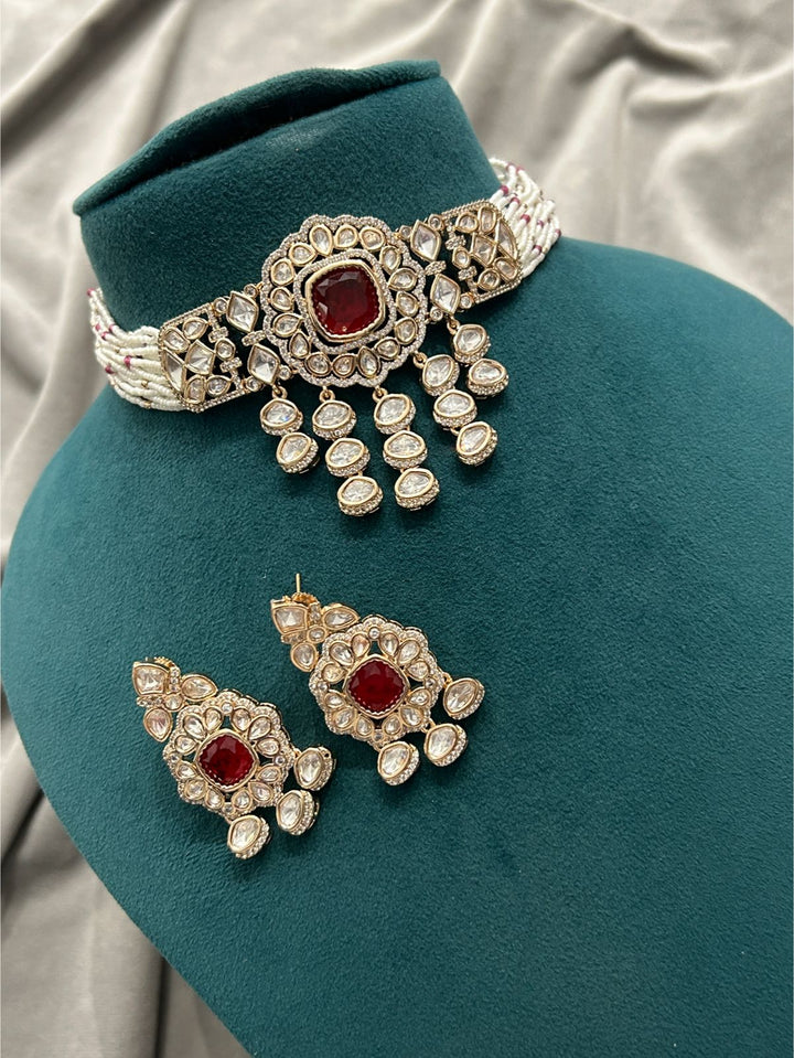 Ruby Red Polki Kundan Pearl Choker Set | Premium Bridal Jewellery