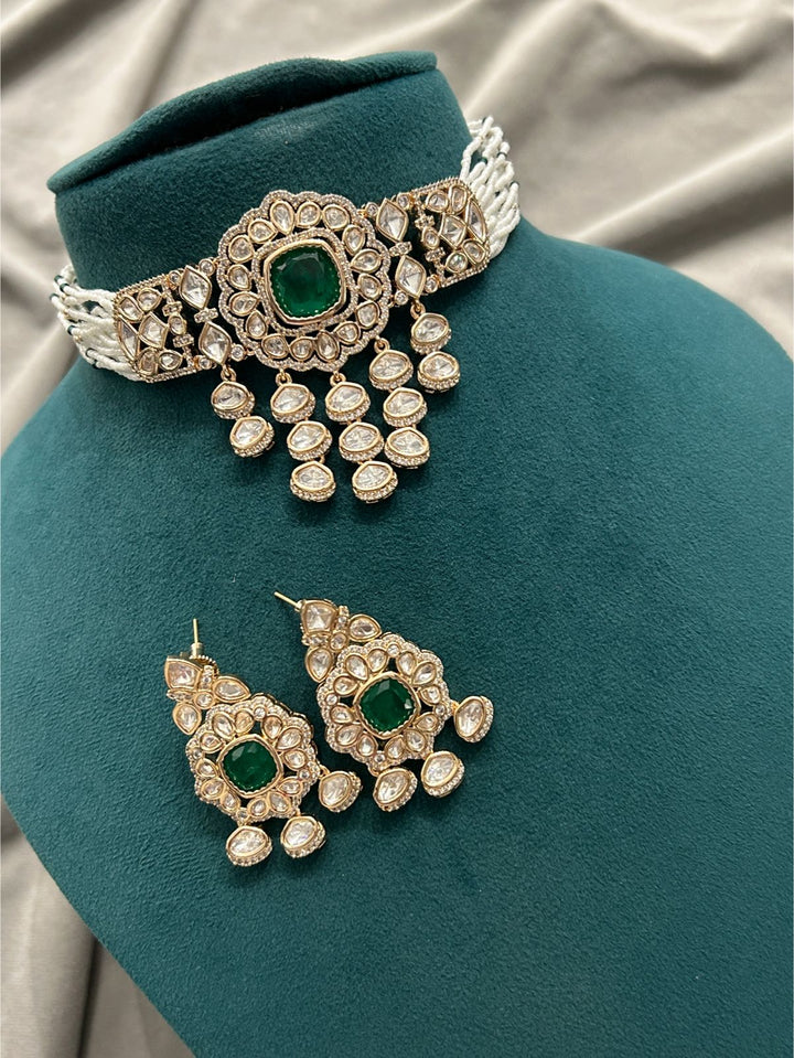 Emerald Green Polki Kundan Pearls Choker Set | Premium Bridal Jewellery