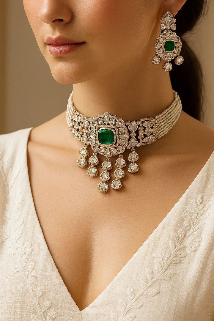 Emerald Green Polki Kundan Pearls Choker Set | Premium Bridal Jewellery