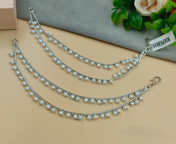 Elegant Silver double-Layer Pearl Ear Chain – Traditional Ear to Hair Chain
