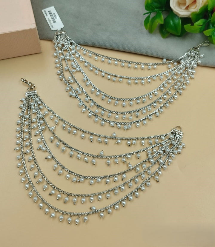 Silver Multi-Layer Pearl Ear Chain – Bridal Ear to Hair Accessory