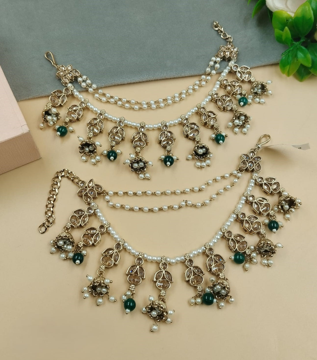 Kundan Pearl Ear Chain with Green Beads – Traditional Bridal Ear Accessory