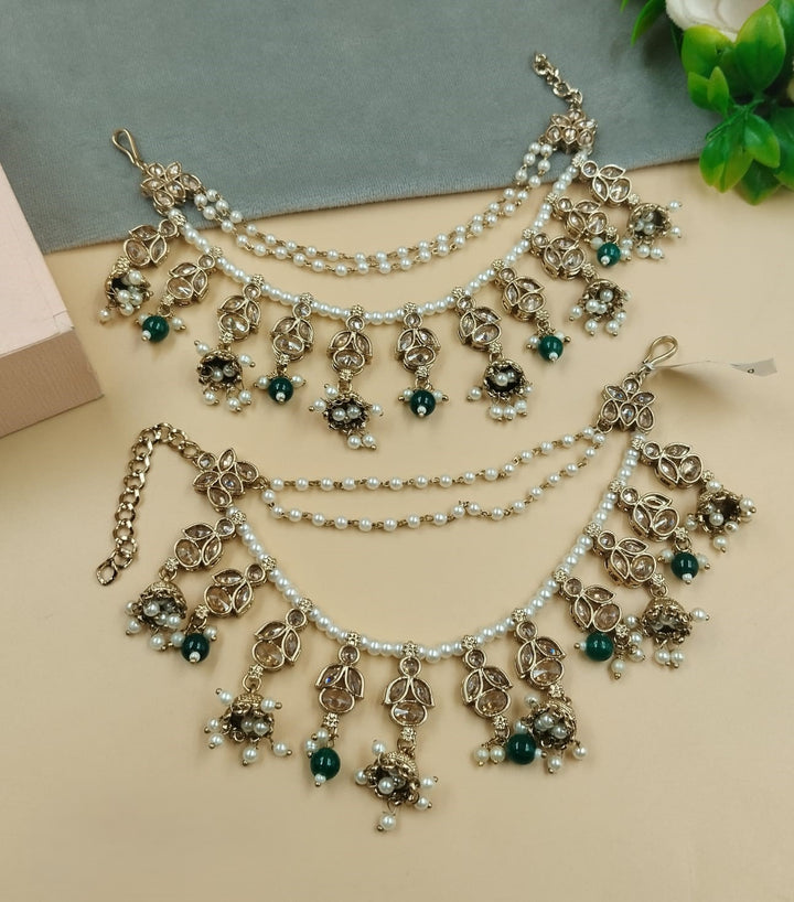 Kundan Pearl Ear Chain with Green Beads – Traditional Bridal Ear Accessory