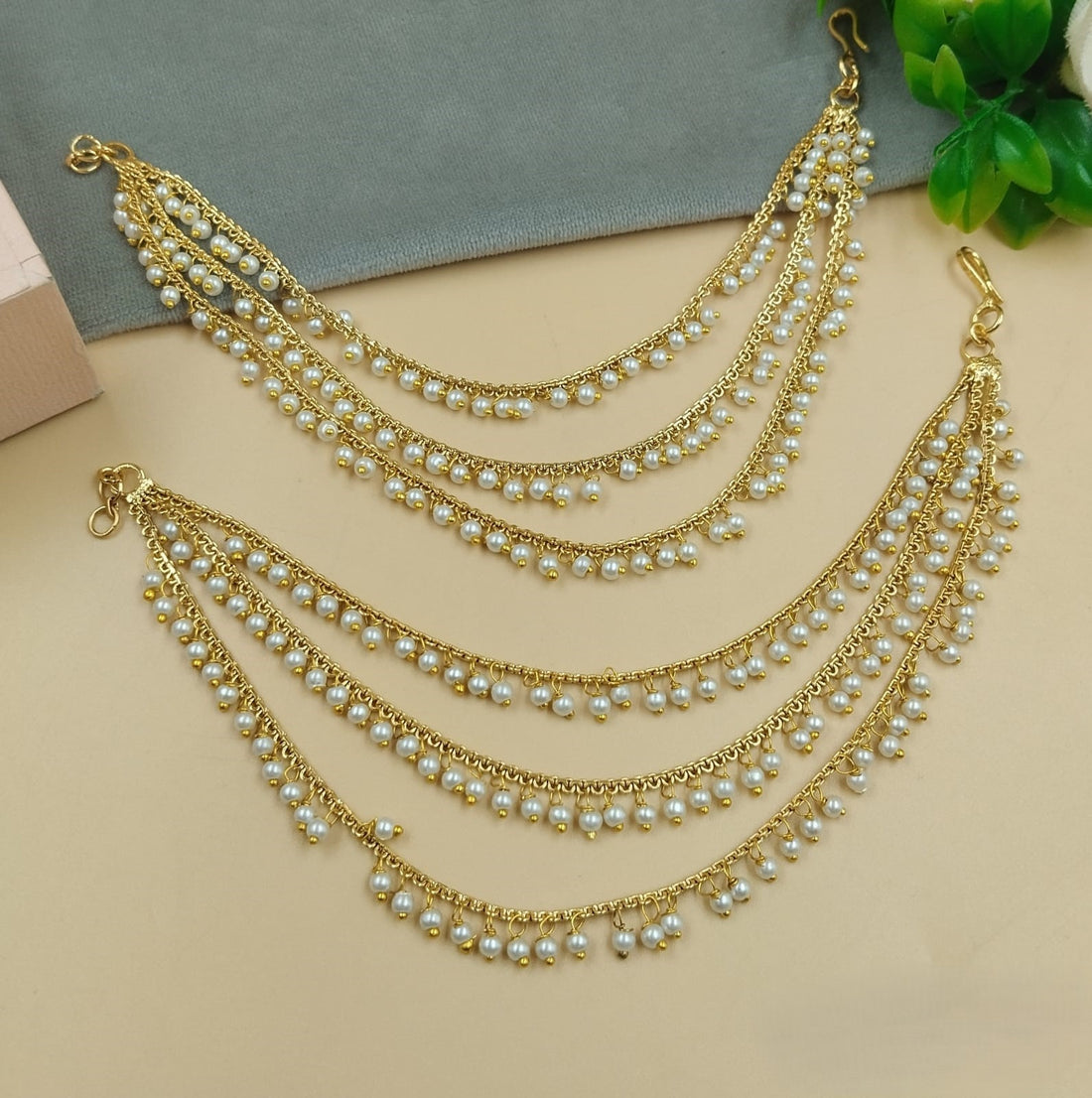 Gold Triple-Layer Pearl Ear Chain – Bridal Ear to Hair Chain