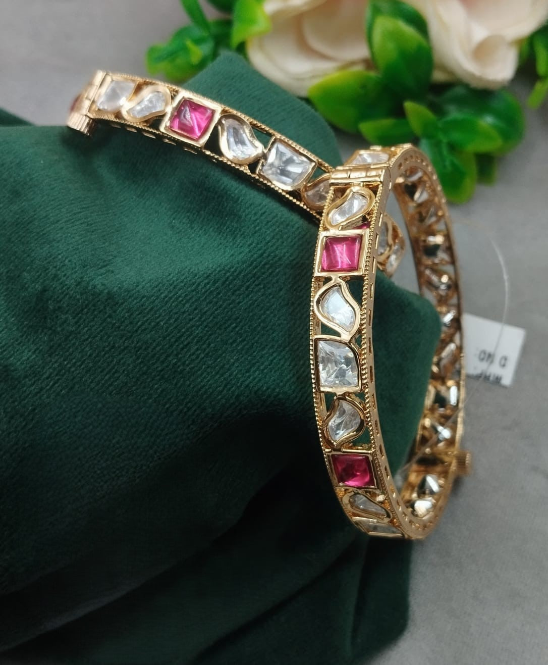 Openable Elegant Kundan Bangles with Pink & White Stones – Premium Gold Finish