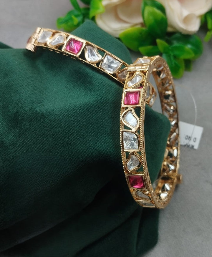 Openable Elegant Kundan Bangles with Pink & White Stones – Premium Gold Finish