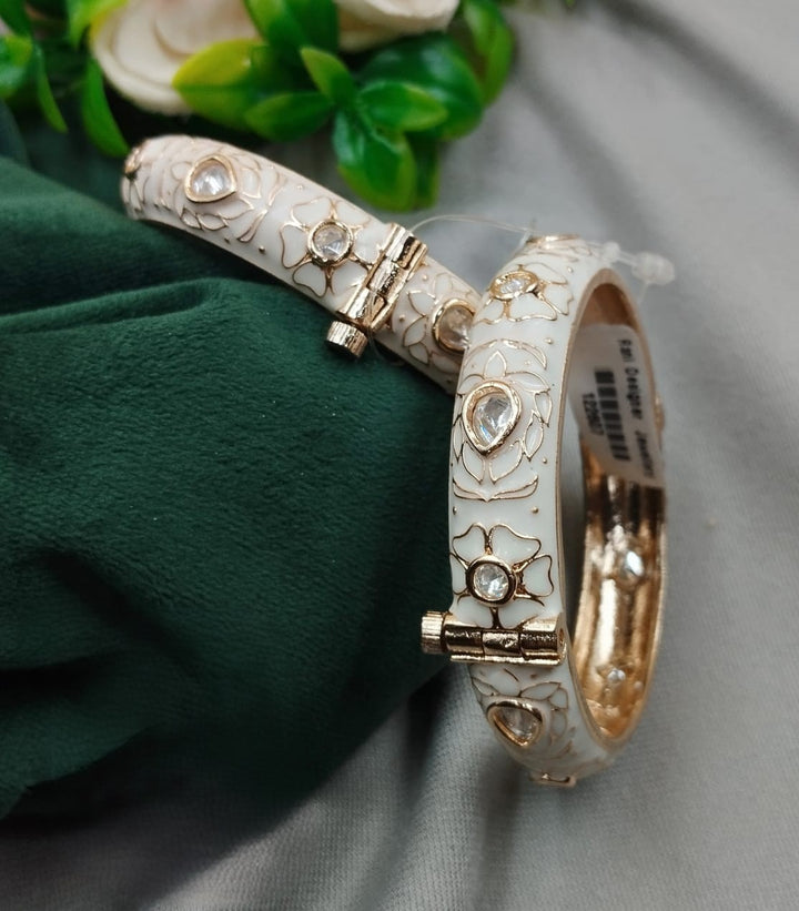 White Meenakari Lotus Kundan Openable Bangles – Premium Bridal Kada