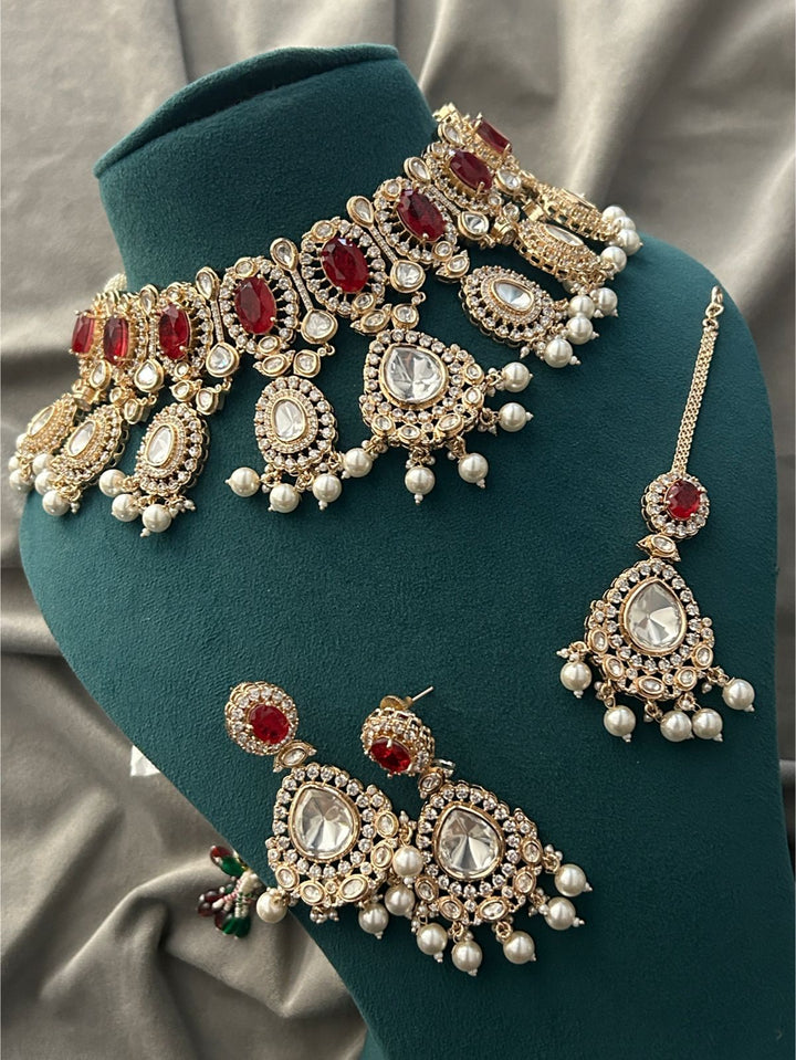 Ruby Kundan Grand Bridal Necklace Set with Earrings & Maang Tikka
