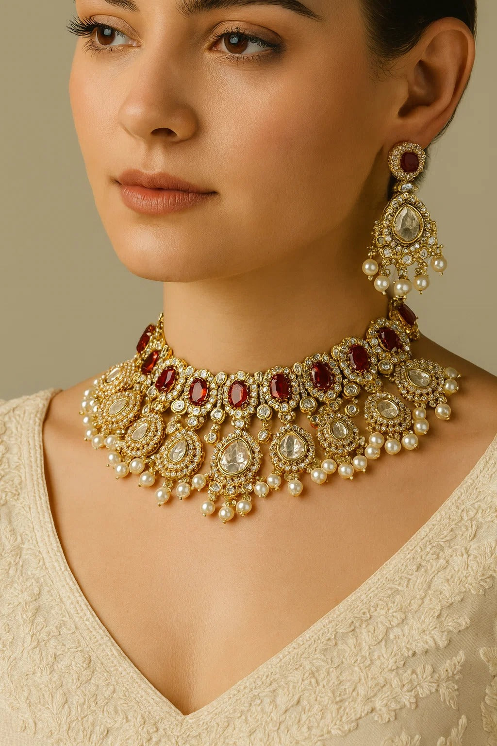 Ruby Kundan Grand Bridal Necklace Set with Earrings & Maang Tikka