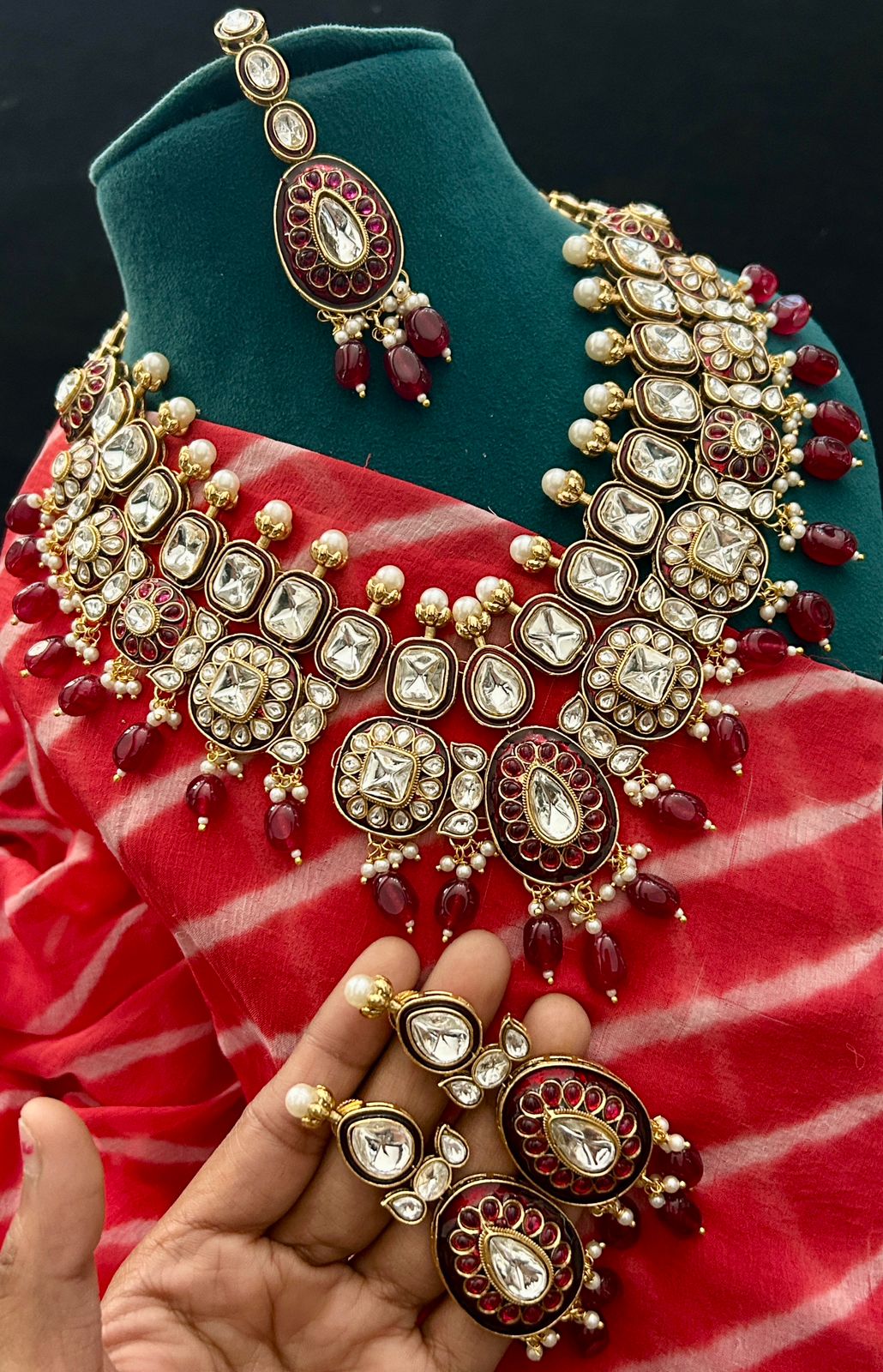 Royal Red Kundan Necklace Set with Pearls & Statement Earrings