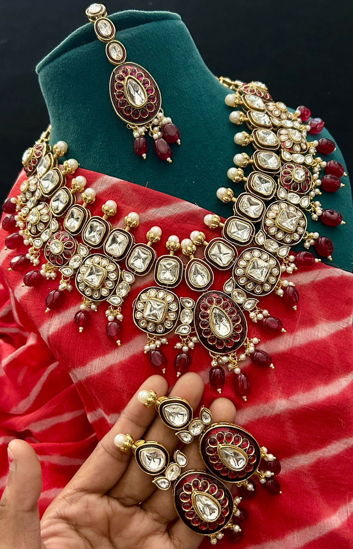 Royal Red Kundan Necklace Set with Pearls & Statement Earrings