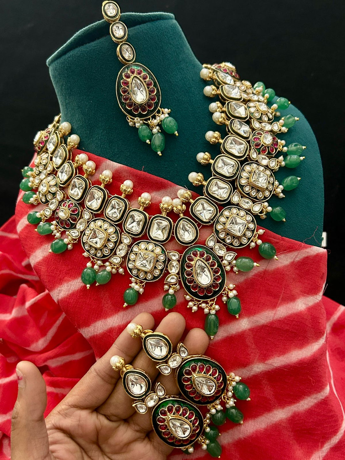Dual-Tone Kundan Bridal Necklace Set with Green Beads & Red Enamel – Premium Wedding Jewelry
