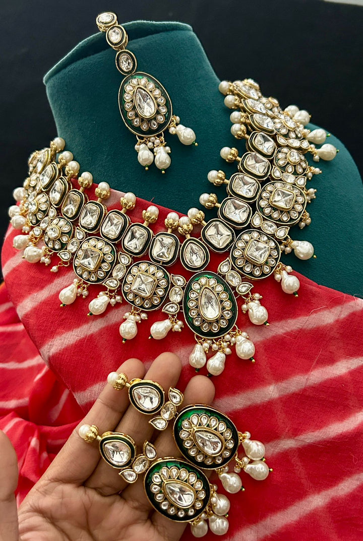Pearl Drop Kundan Bridal Necklace Set with Earrings & Maang Tikka – Green Enamel Detailing