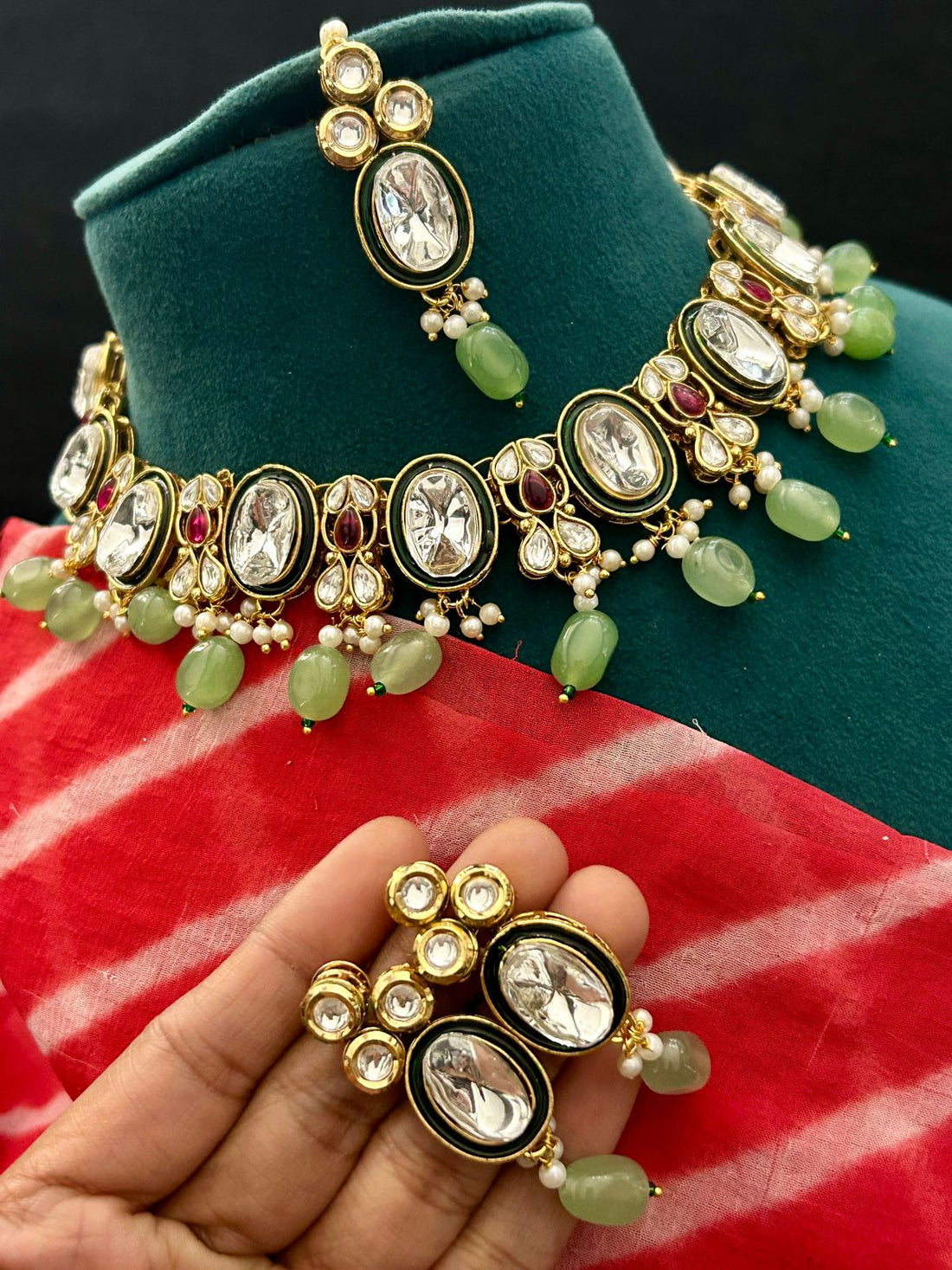Elegant Oval Kundan Necklace Set with Green Drops & Earrings