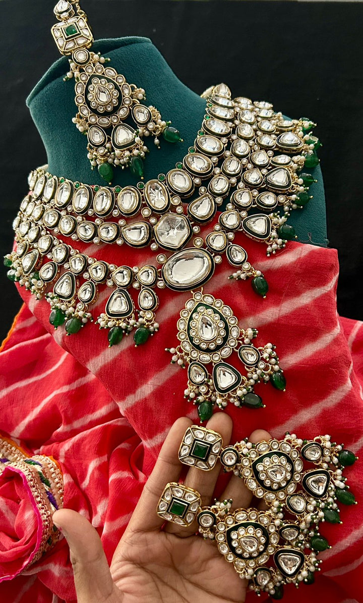 Royal Moissanite Kundan Bridal Necklace Set – Emerald Drops & Mirror Polki Work