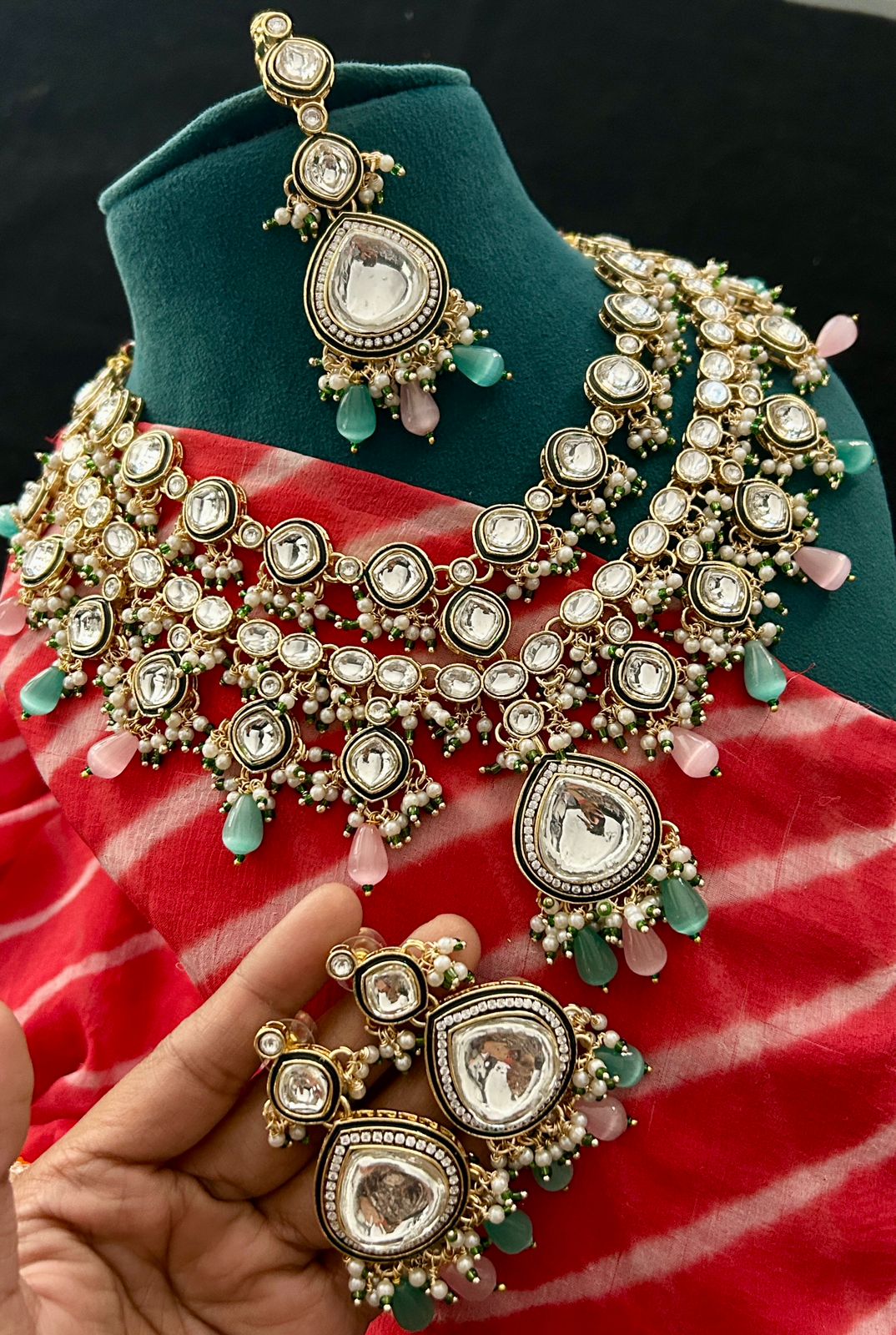 Pastel Green & Pink Kundan Bridal Necklace Set with Earrings & Maang Tikka – Premium Polki Finish