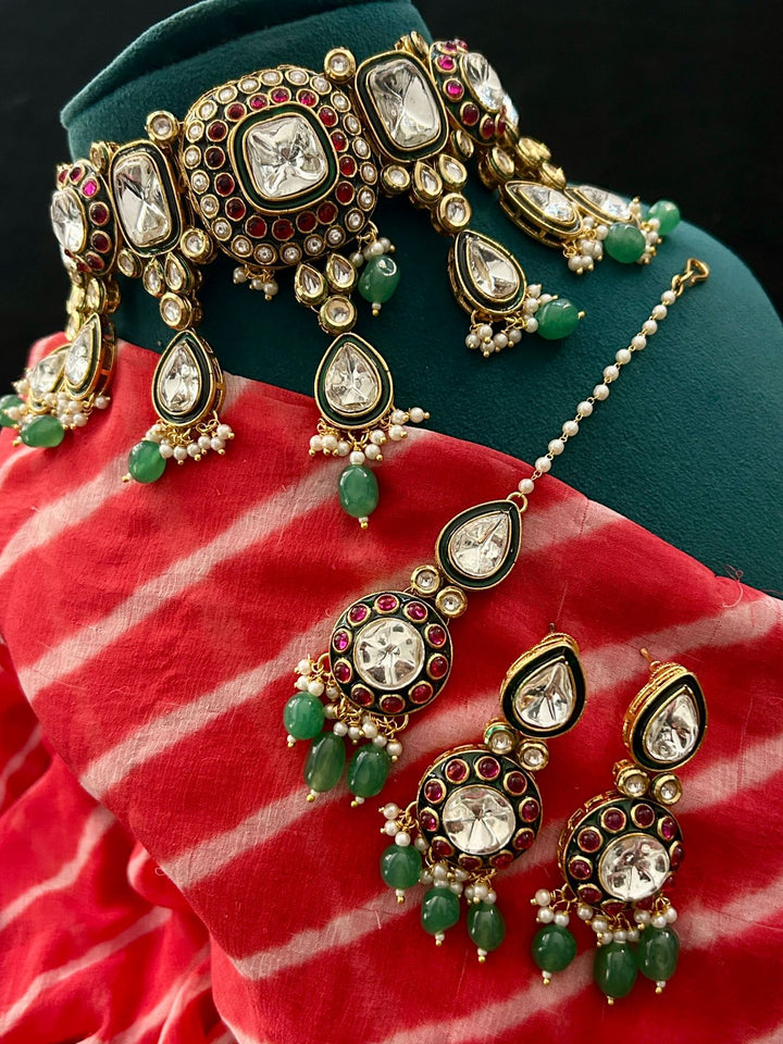 Ruby-Green Kundan Bridal Necklace Set with Long Earrings & Maang Tikka – Premium Handmade Jewelry