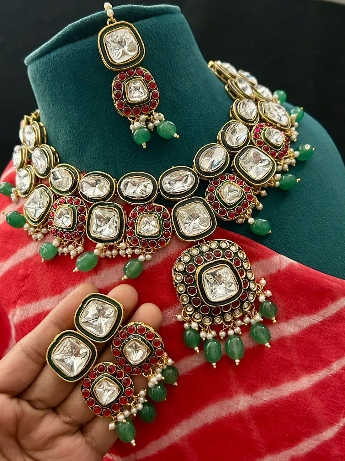 Red & Green Kundan Bridal Necklace Set with Earrings & Tikka