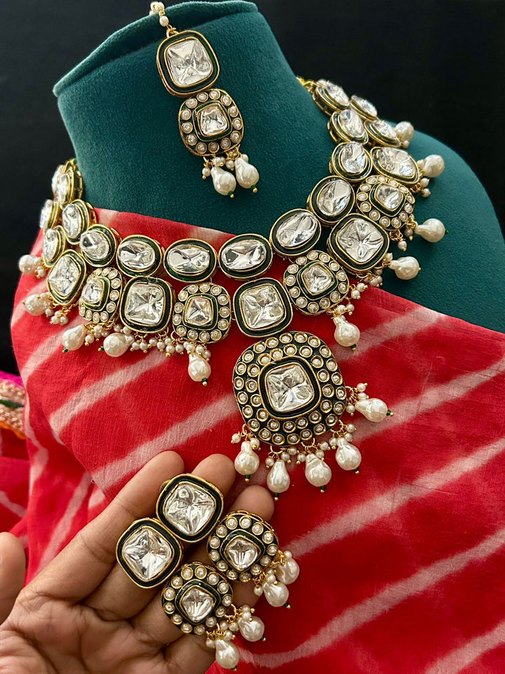 Royal White Kundan Bridal Choker Set with Earrings & Tikka