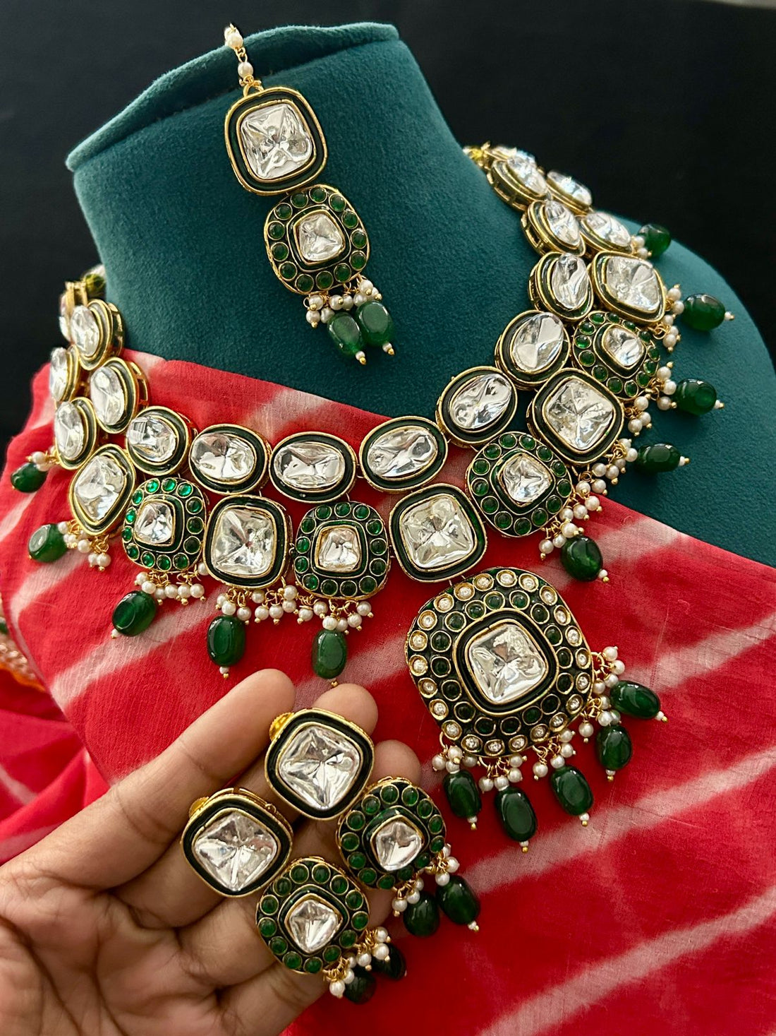 Green Kundan Bridal Necklace Set with Earrings & Tikka