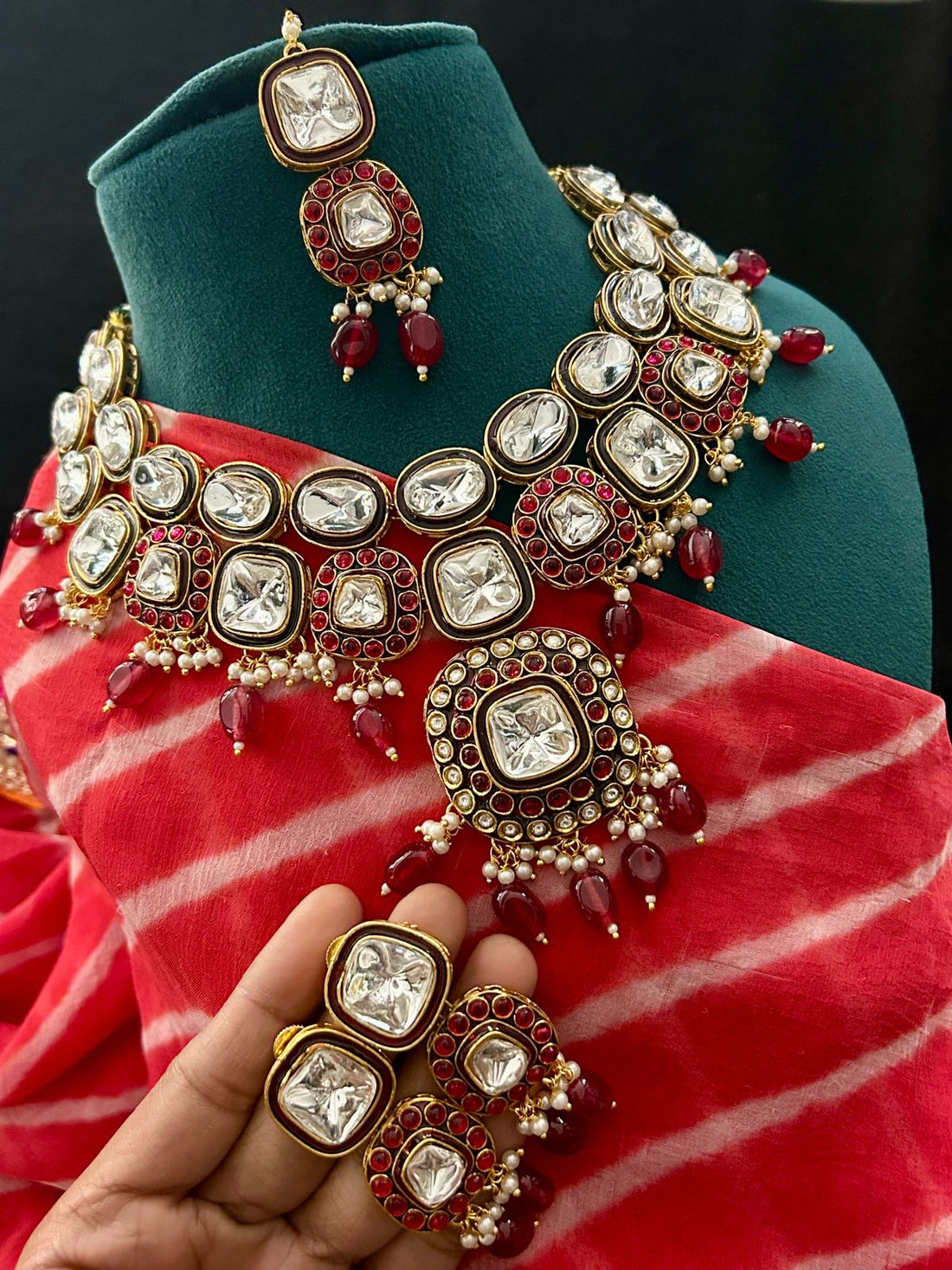Ruby Red Kundan Bridal Necklace Set with Earrings & Tikka