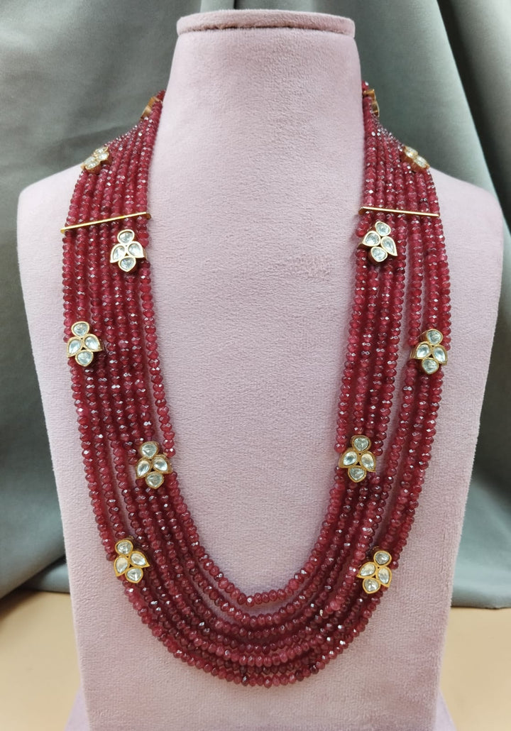 22-Inch Ruby Red Beads Multi-Layer Necklace with Kundan Floral Motifs