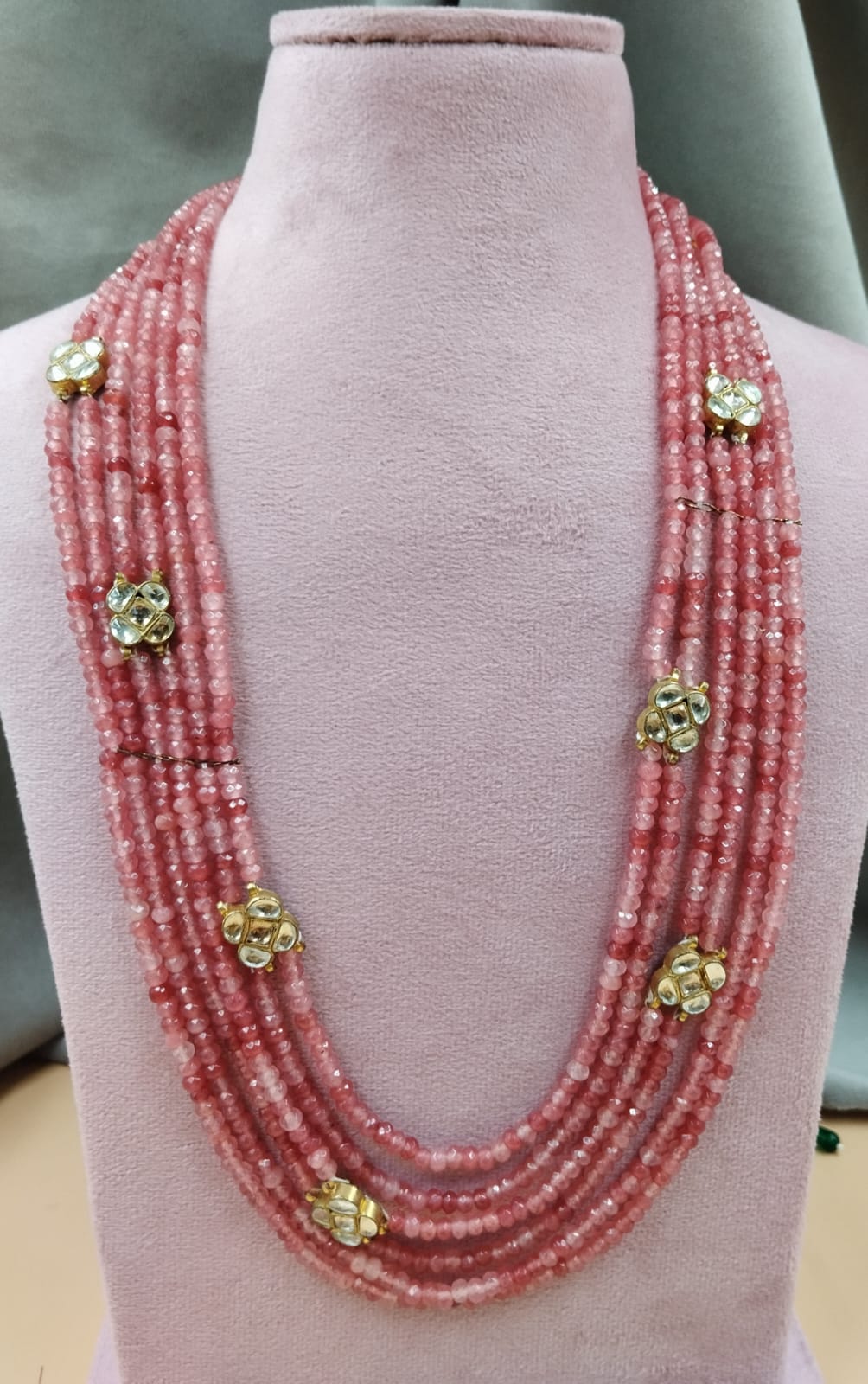 24-Inch Pink Beads Multi-Layer Necklace with Kundan Floral Motifs