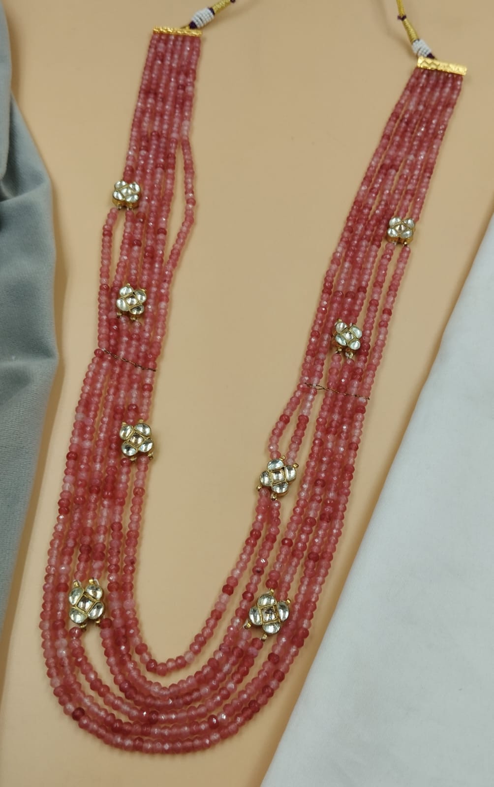 24-Inch Pink Beads Multi-Layer Necklace with Kundan Floral Motifs