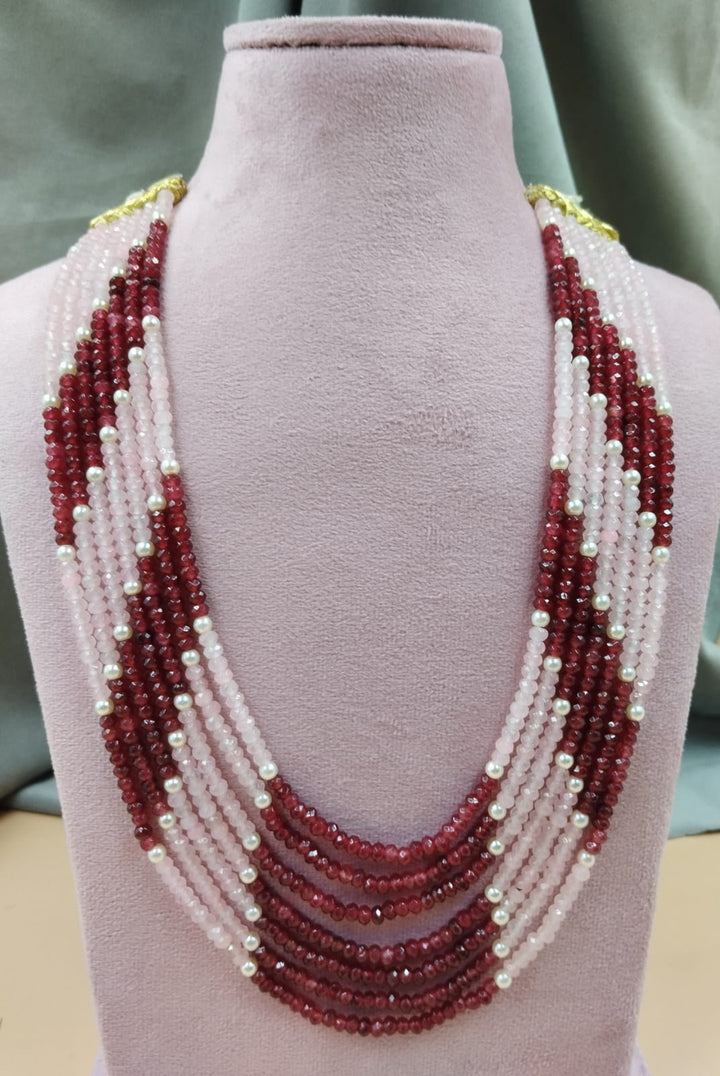 20-Inch Ruby Pink Multi-Layer Beads Necklace with Pearls