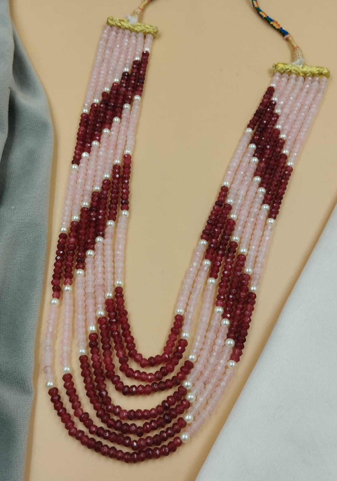 20-Inch Ruby Pink Multi-Layer Beads Necklace with Pearls