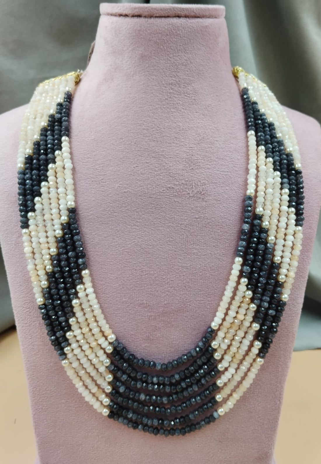 20-Inch Black & Ivory Multi-Layer Beads Necklace with Pearls