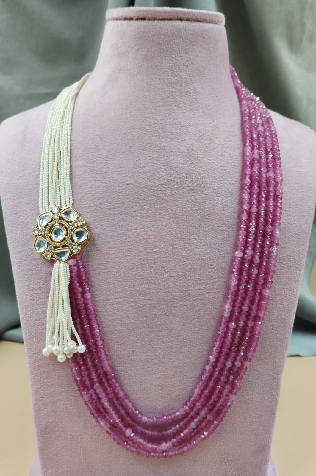 24-Inch Pink Beads Mala with Kundan Side Pendant & Pearl Tassels