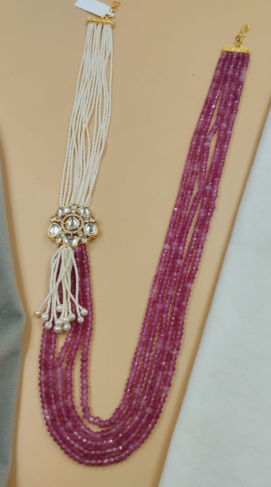 24-Inch Pink Beads Mala with Kundan Side Pendant & Pearl Tassels