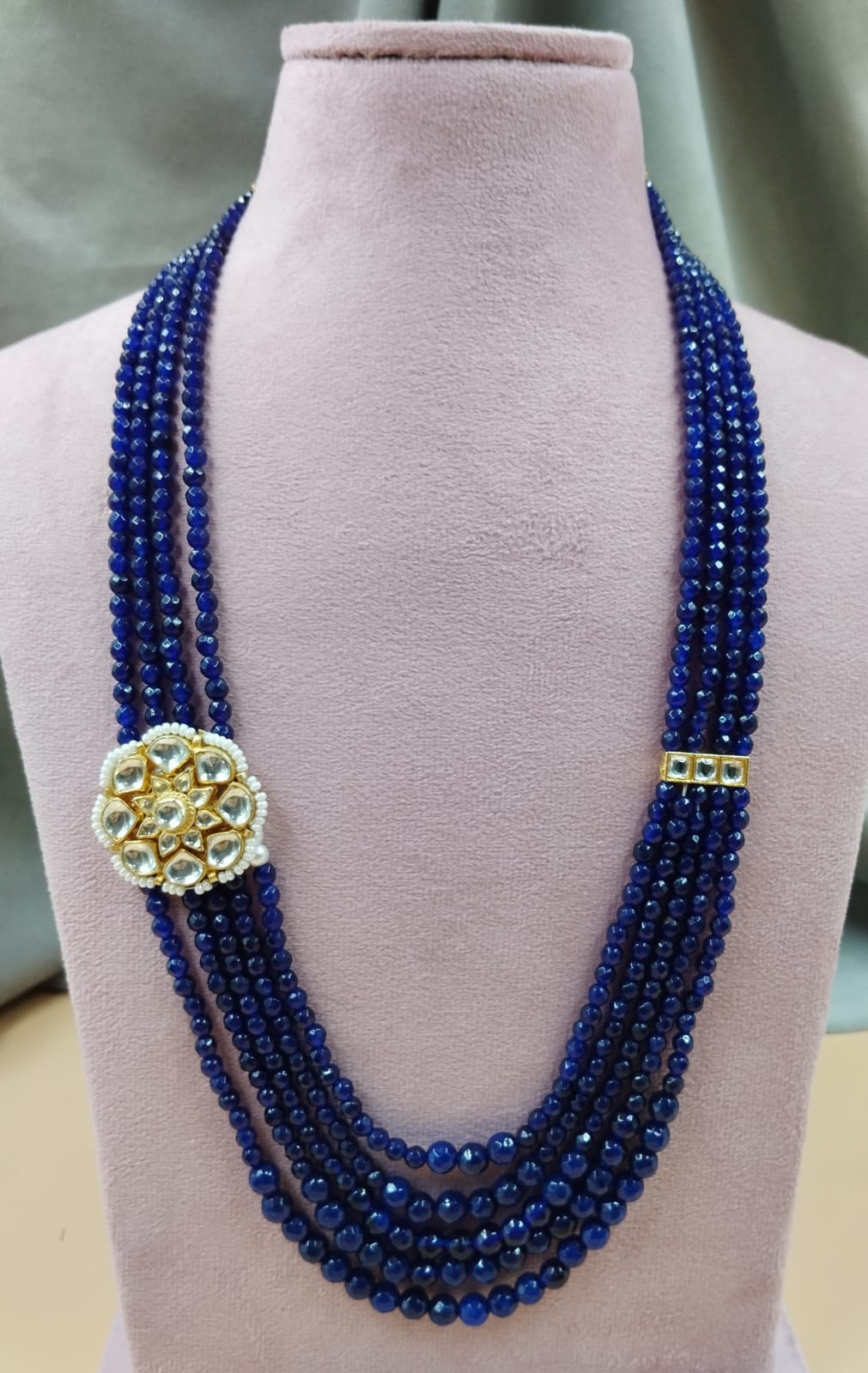 20-Inch Royal Blue Beads Mala with Kundan Side Pendant