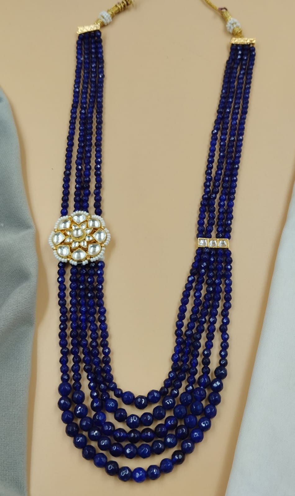 20-Inch Royal Blue Beads Mala with Kundan Side Pendant