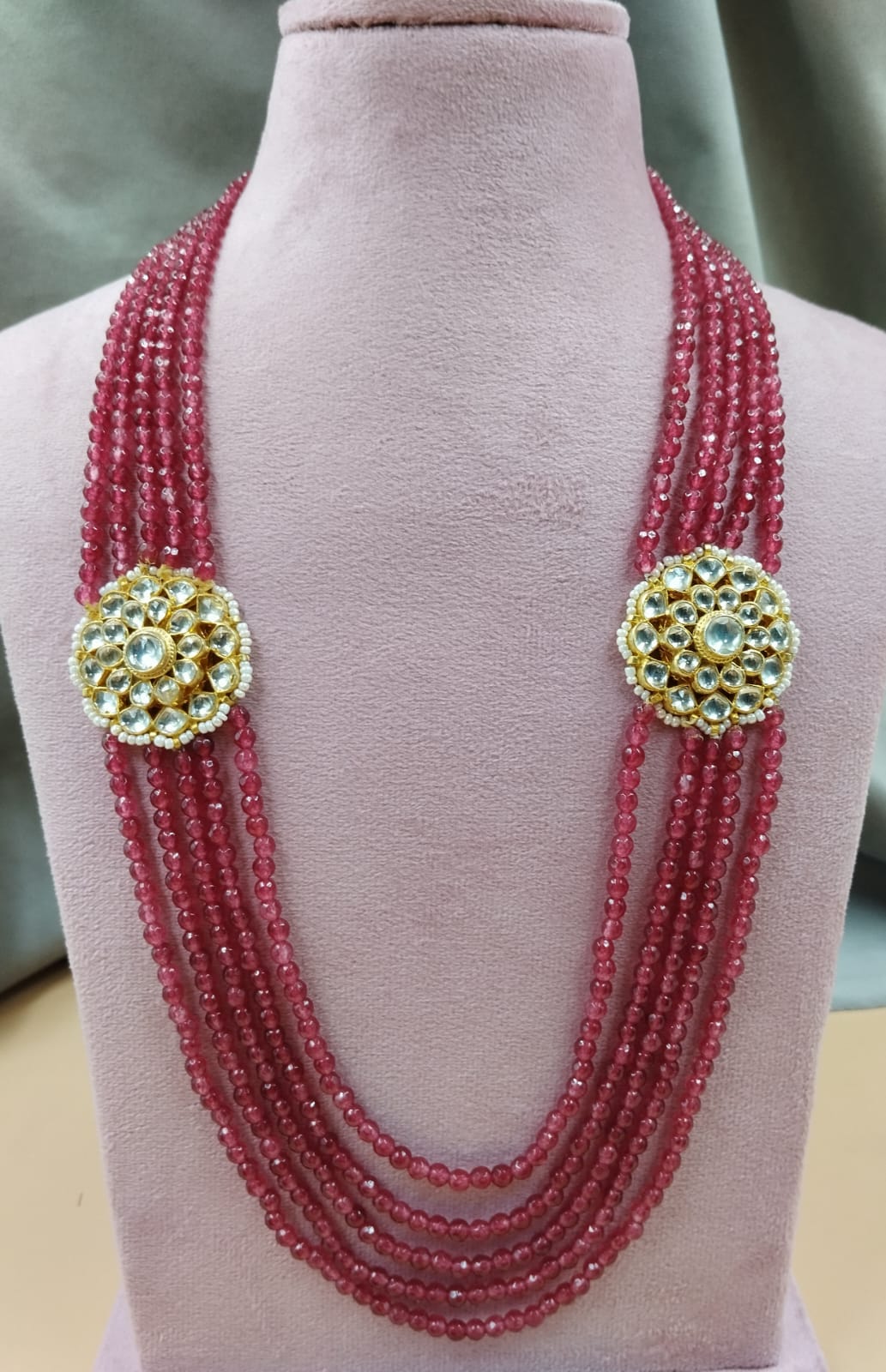 22-Inch Ruby Pink Beads Mala with Dual Kundan Side Brooches