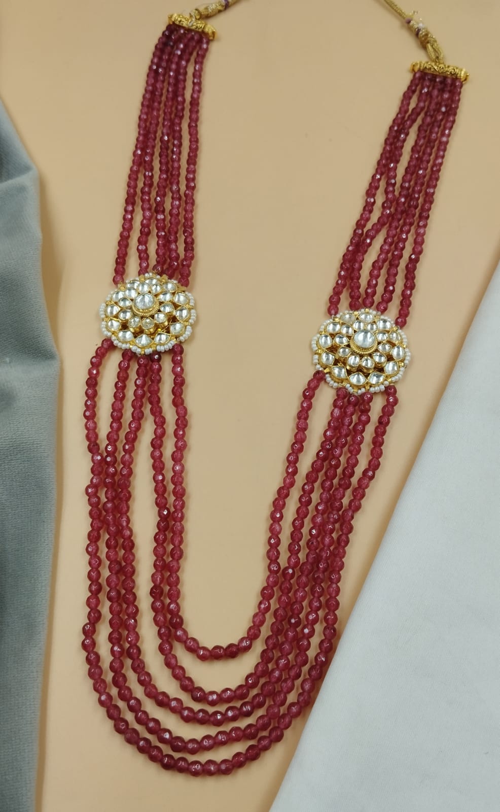 22-Inch Ruby Pink Beads Mala with Dual Kundan Side Brooches