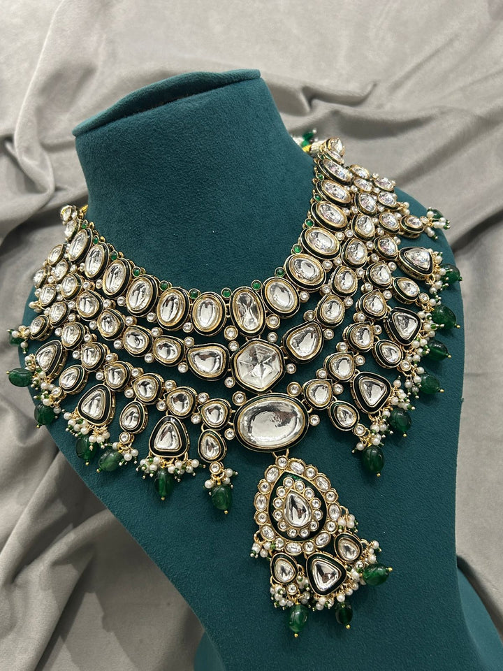 Royal Moissanite Kundan Bridal Necklace Set – Emerald Drops & Mirror Polki Work