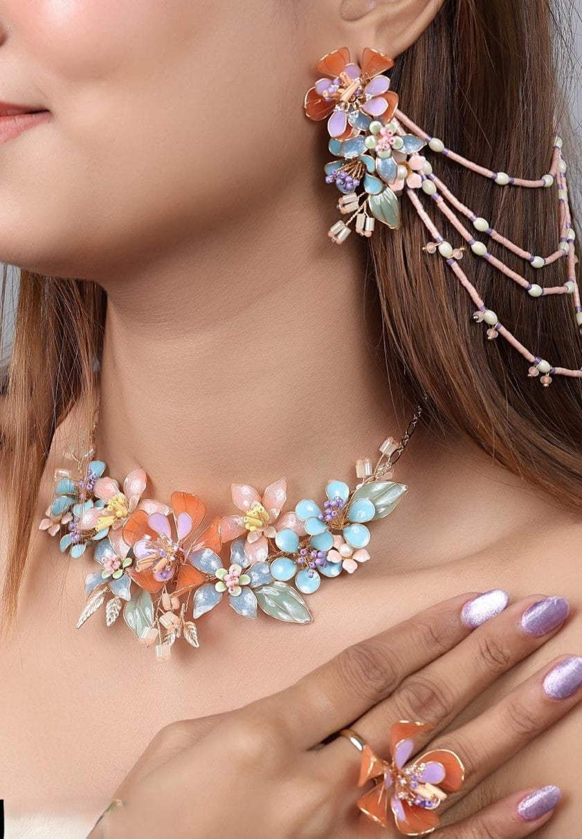 Pastel Blossom Floral Necklace & Earring Set – Designer Statement Jewellery