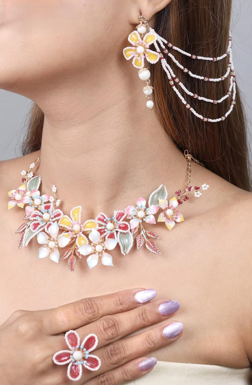 Blush Bloom Pastel Floral Necklace & Earring Set – Designer Statement Jewellery