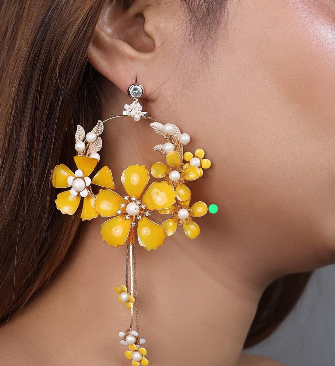 Yellow Floral Statement Long Earrings – Pearl & Enamel Design