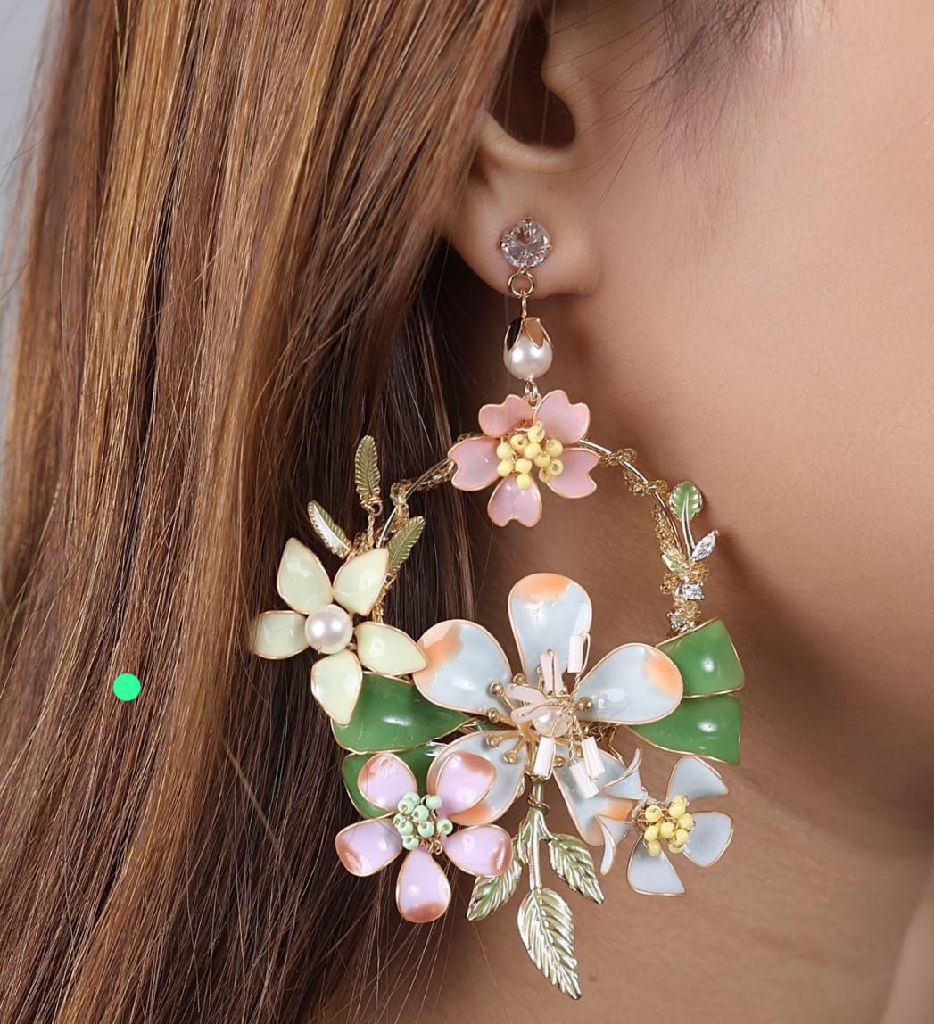 Pastel Bloom Oversized Floral Hoop Earrings – Designer Statement Piece