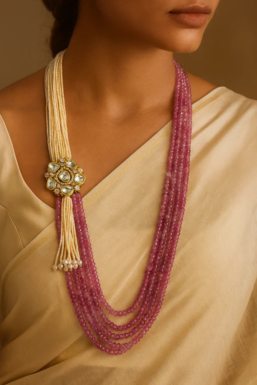 24-Inch Pink Beads Mala with Kundan Side Pendant & Pearl Tassels