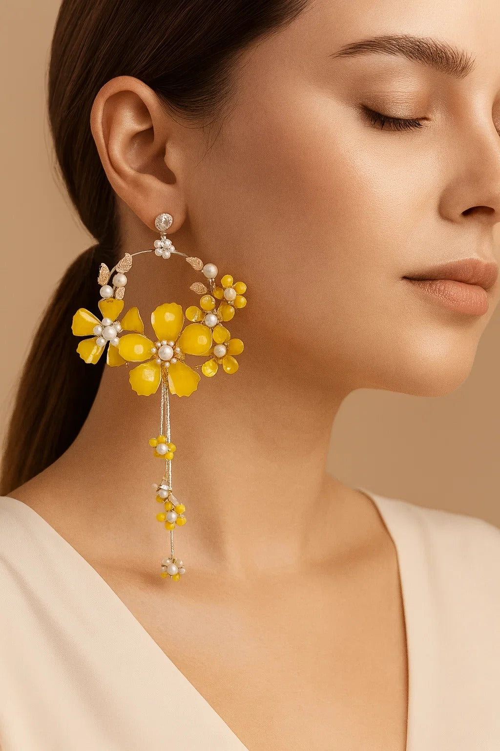 Yellow Floral Statement Long Earrings – Pearl & Enamel Design