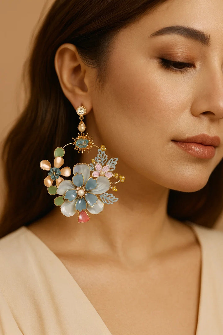 Pastel Multi-Color Floral Statement Earrings – Oversized Designer Hoops